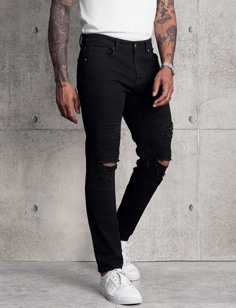 LONGBIDA Mens Skinny Slim Fit Ripped Straight Hip Hop Biker Stretchy Jeans(Black, 32) - Image 3